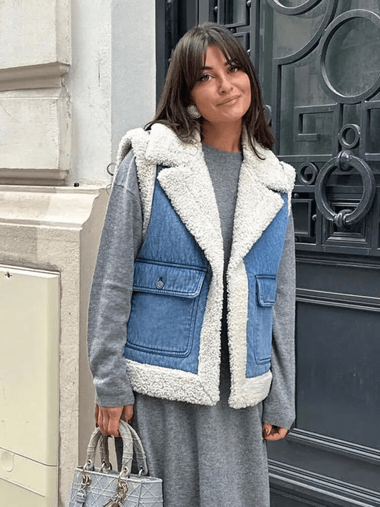 Denim Vest With Vintage Inspired Sherpa Lined Collar For Layering - Nalani - UK Fashion Clothing and Decor