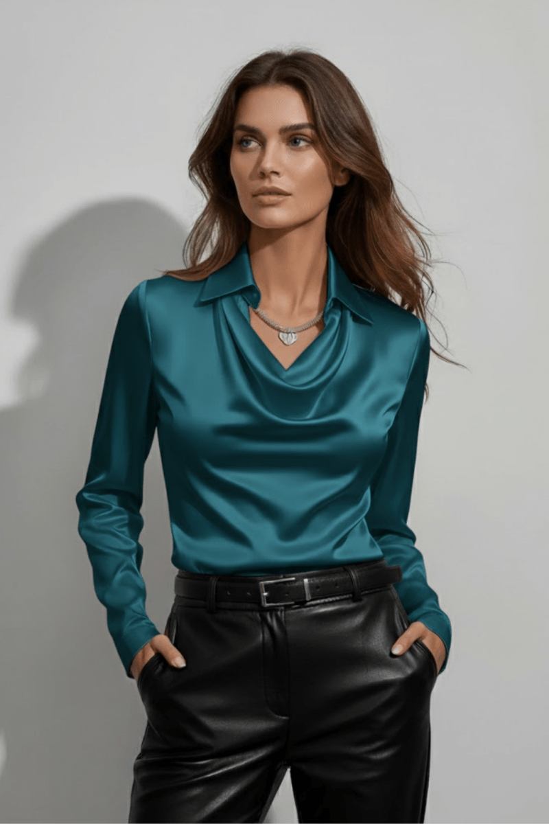 Draped Cowl Neck Blouse With Elegant Long Sleeves For Office - Nalani - UK and AUS Fashion Clothing and Decor
