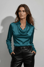 Draped Cowl Neck Blouse With Elegant Long Sleeves For Office - Nalani - UK and AUS Fashion Clothing and Decor
