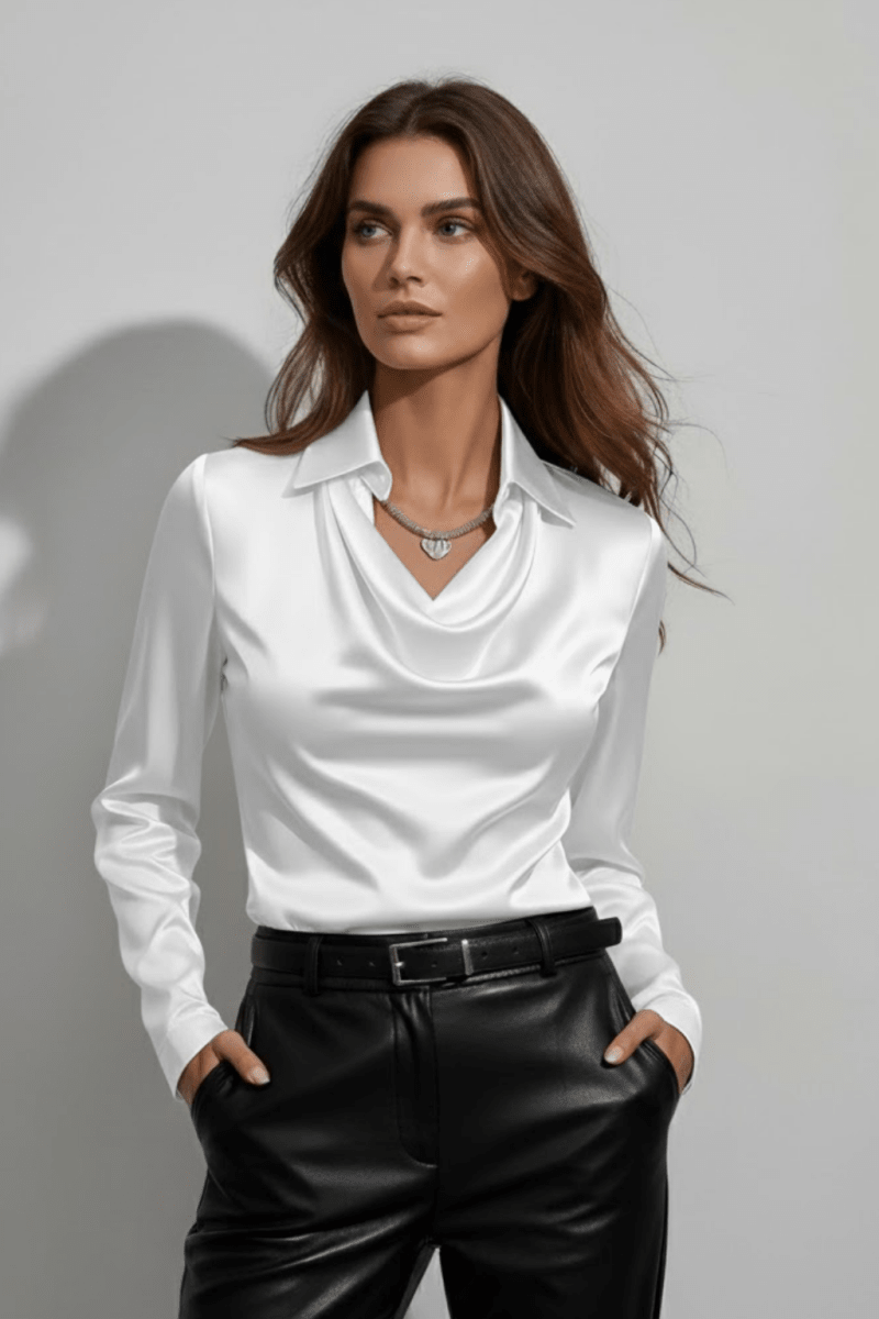 Draped Cowl Neck Blouse With Elegant Long Sleeves For Office - Nalani - UK and AUS Fashion Clothing and Decor