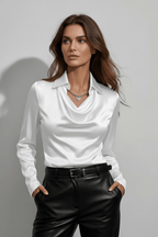Draped Cowl Neck Blouse With Elegant Long Sleeves For Office - Nalani - UK and AUS Fashion Clothing and Decor