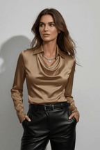 Draped Cowl Neck Blouse With Elegant Long Sleeves For Office - Nalani - UK and AUS Fashion Clothing and Decor