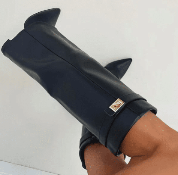Elegant Knee High Shark Boots With Flap And 8.5cm Block Heel Leather - Nalani - UK Fashion Clothing and Decor
