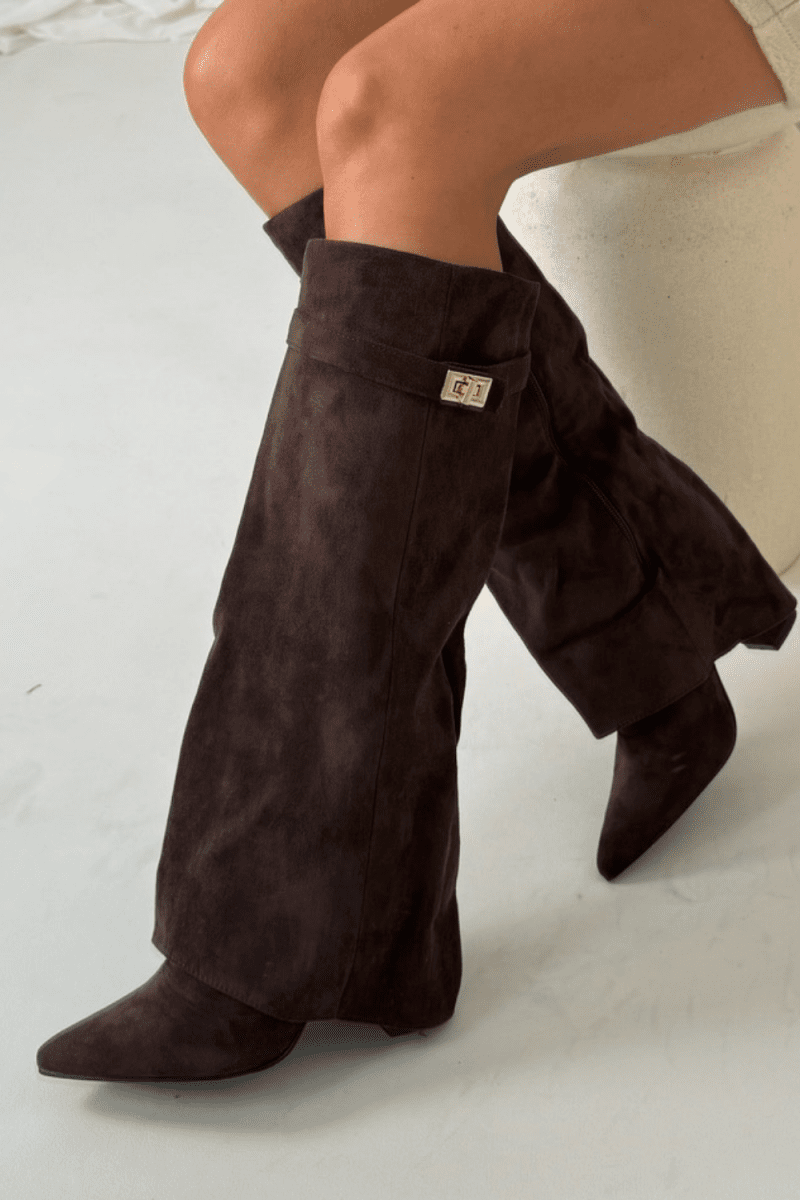 Elegant Knee High Shark Boots With Flap And 8.5cm Block Heel Leather - Nalani - UK Fashion Clothing and Decor