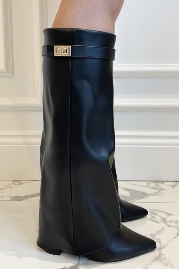 Elegant Knee High Shark Boots With Flap And 8.5cm Block Heel Leather - Nalani - UK Fashion Clothing and Decor