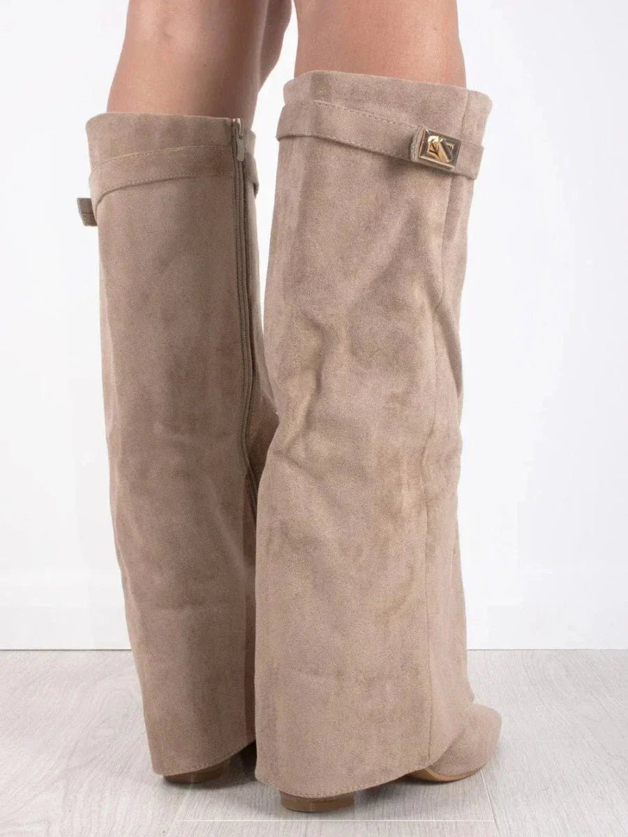 Elegant Knee High Shark Boots With Flap And 8.5cm Block Heel Leather - Nalani - UK Fashion Clothing and Decor