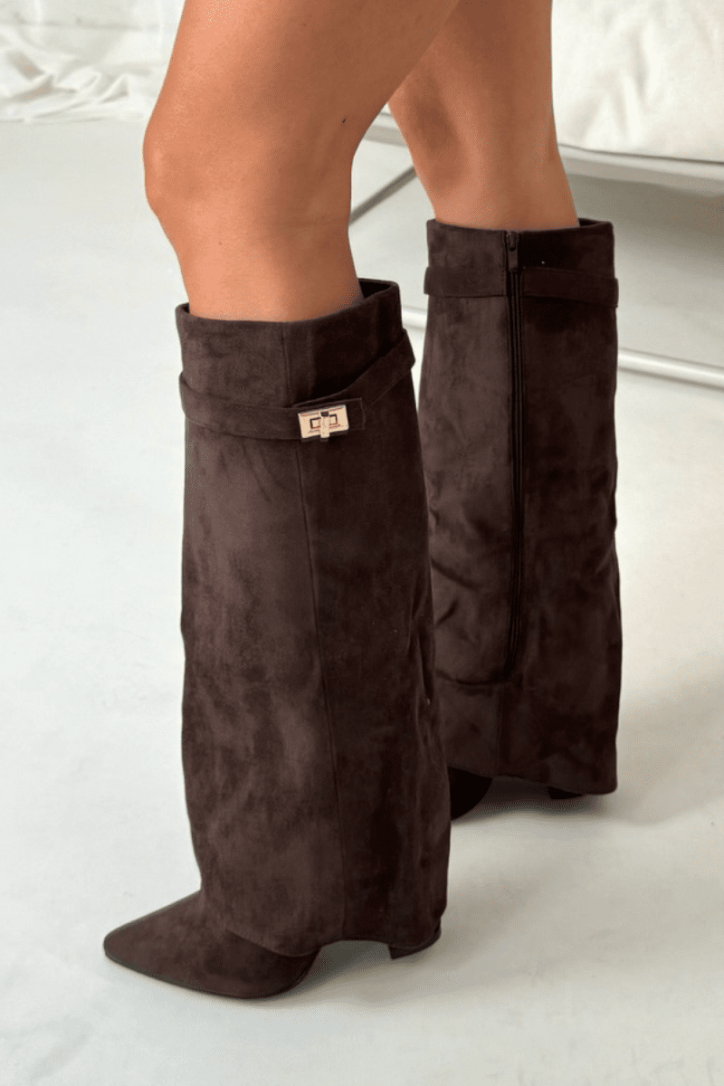Elegant Knee High Shark Boots With Flap And 8.5cm Block Heel Leather - Nalani - UK Fashion Clothing and Decor