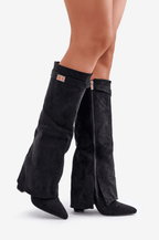 Elegant Knee High Shark Boots With Flap And 8.5cm Block Heel Leather - Nalani - UK Fashion Clothing and Decor