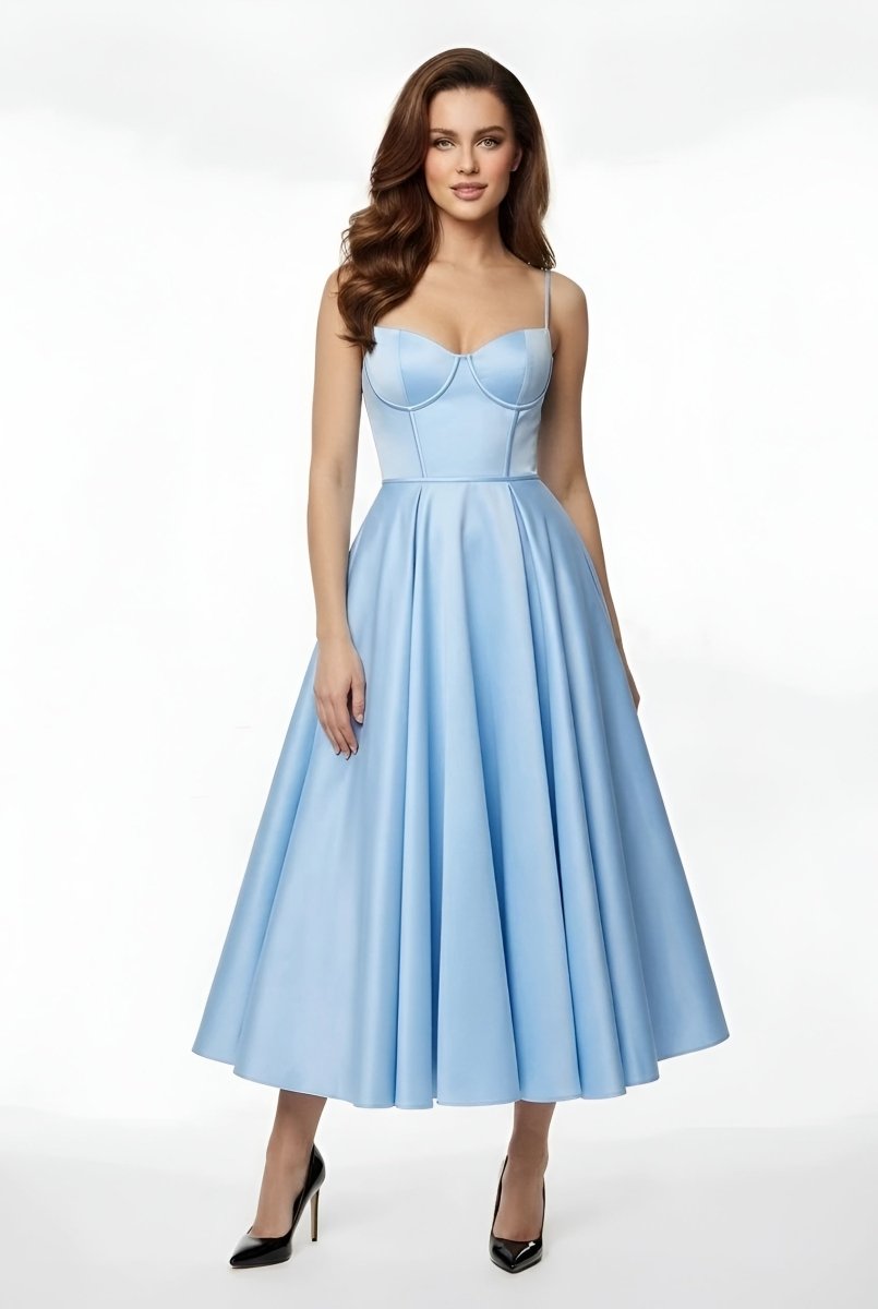Elegant Women's Midi Dress with Corset Bodice and Thin Straps Ceremony Dress - Nalani - UK and AUS Fashion Clothing and Decor