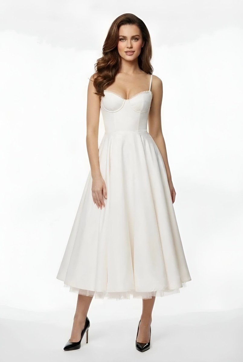 Elegant Women's Midi Dress with Corset Bodice and Thin Straps Ceremony Dress - Nalani - UK and AUS Fashion Clothing and Decor