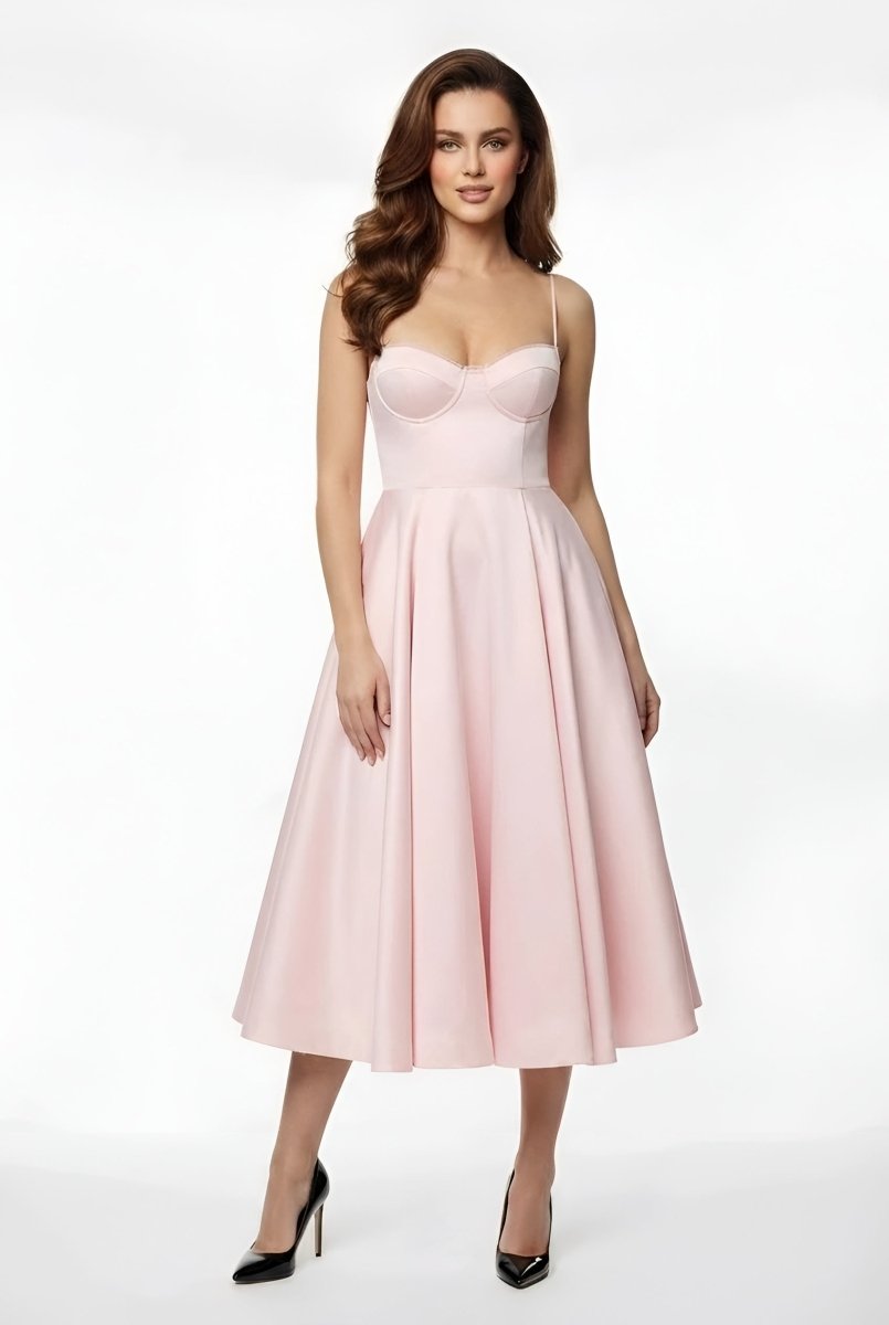 Elegant Women's Midi Dress with Corset Bodice and Thin Straps Ceremony Dress - Nalani - UK and AUS Fashion Clothing and Decor