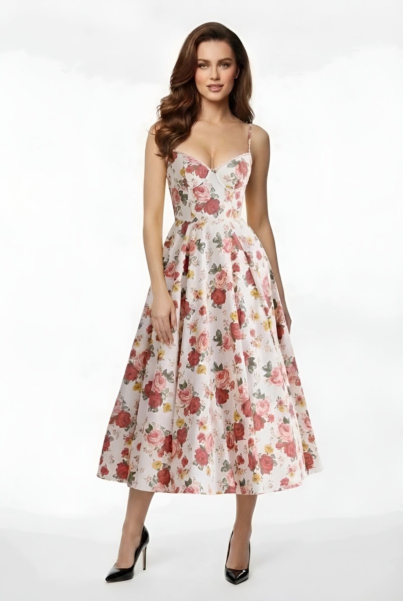 Elegant Women's Midi Dress with Corset Bodice and Thin Straps Ceremony Dress - Nalani - UK and AUS Fashion Clothing and Decor