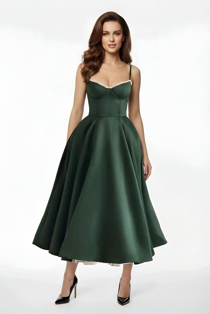 Elegant Women's Midi Dress with Corset Bodice and Thin Straps Ceremony Dress - Nalani - UK and AUS Fashion Clothing and Decor