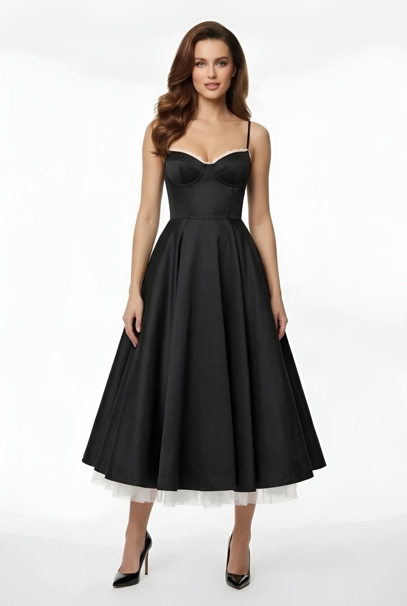 Elegant Women's Midi Dress with Corset Bodice and Thin Straps Ceremony Dress - Nalani - UK and AUS Fashion Clothing and Decor
