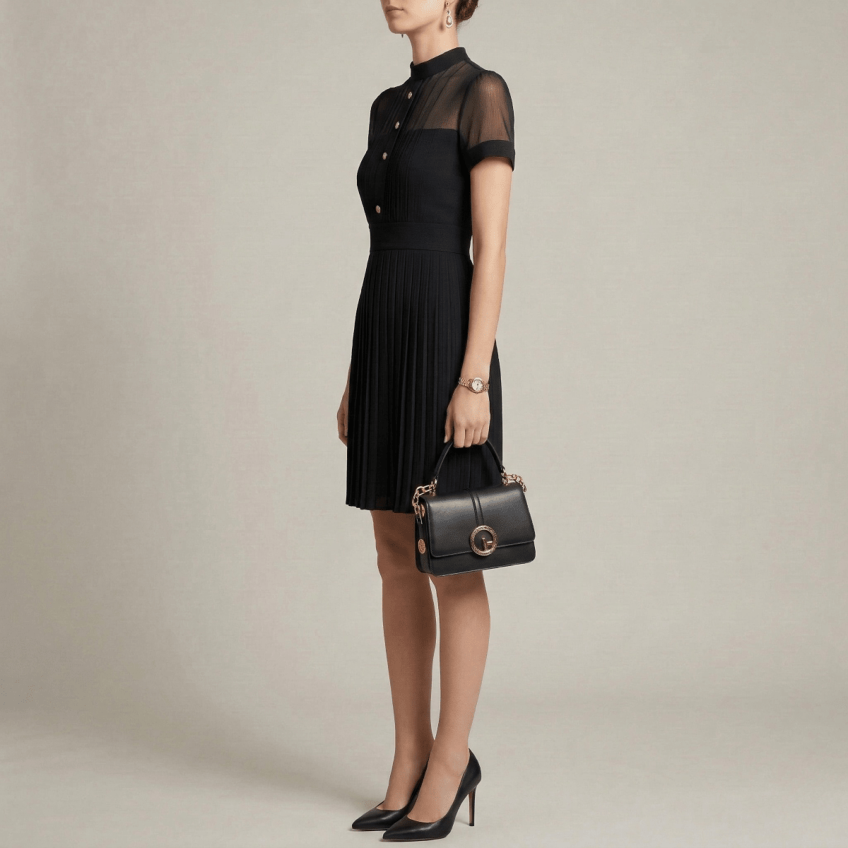 Elegant Women's Pleated Dress with Buttons and High Neck, Short Sleeve Dress - Nalani - UK and AUS Fashion Clothing and Decor
