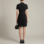 Elegant Women's Pleated Dress with Buttons and High Neck, Short Sleeve Dress - Nalani - UK and AUS Fashion Clothing and Decor