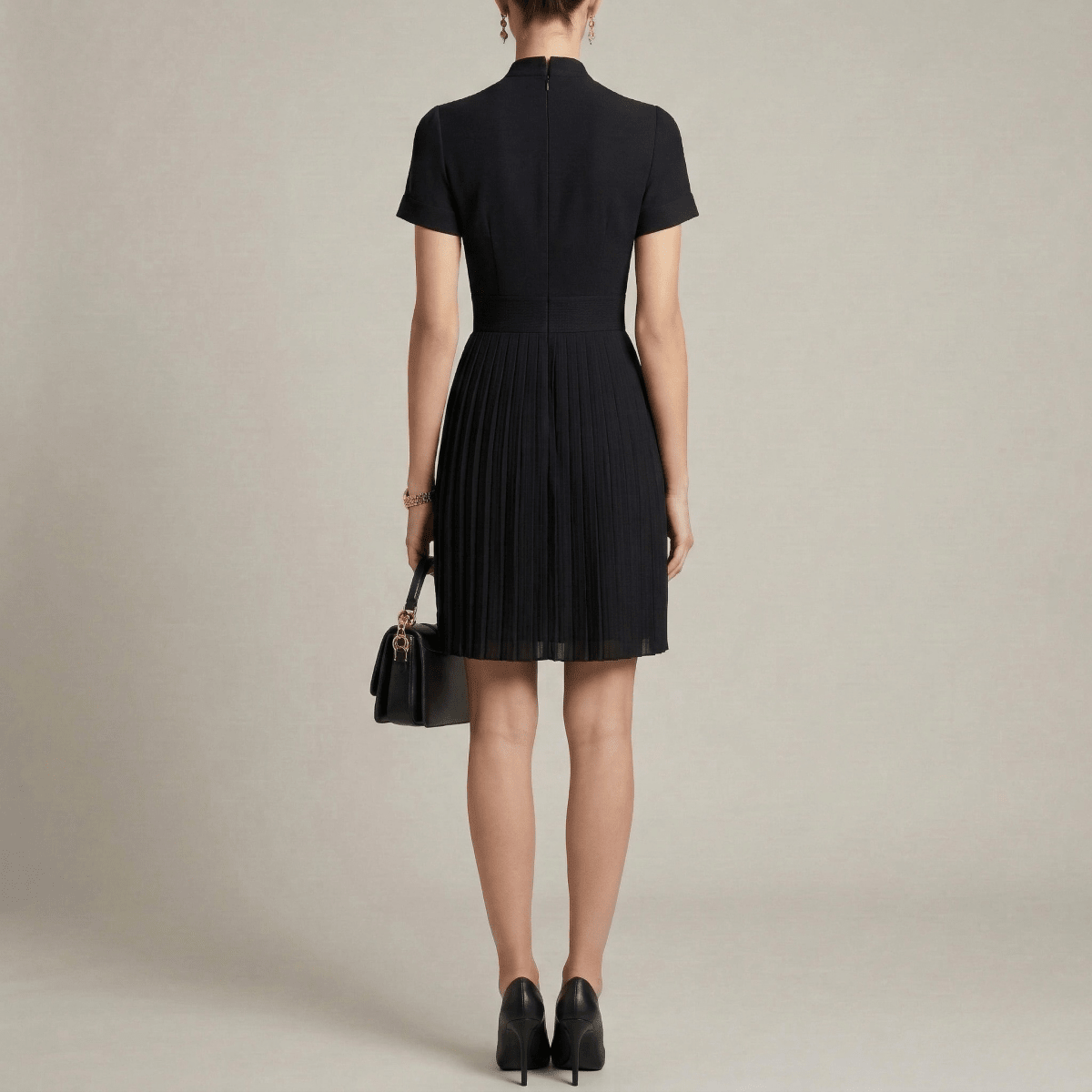 Elegant Women's Pleated Dress with Buttons and High Neck, Short Sleeve Dress - Nalani - UK and AUS Fashion Clothing and Decor