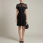 Elegant Women's Pleated Dress with Buttons and High Neck, Short Sleeve Dress - Nalani - UK and AUS Fashion Clothing and Decor