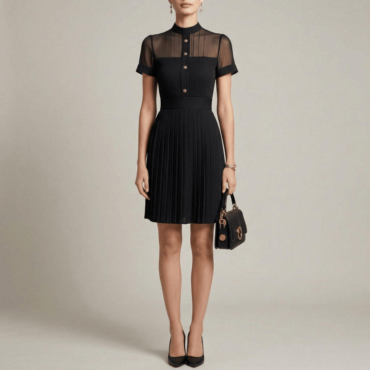 Elegant Women's Pleated Dress with Buttons and High Neck, Short Sleeve Dress - Nalani - UK and AUS Fashion Clothing and Decor