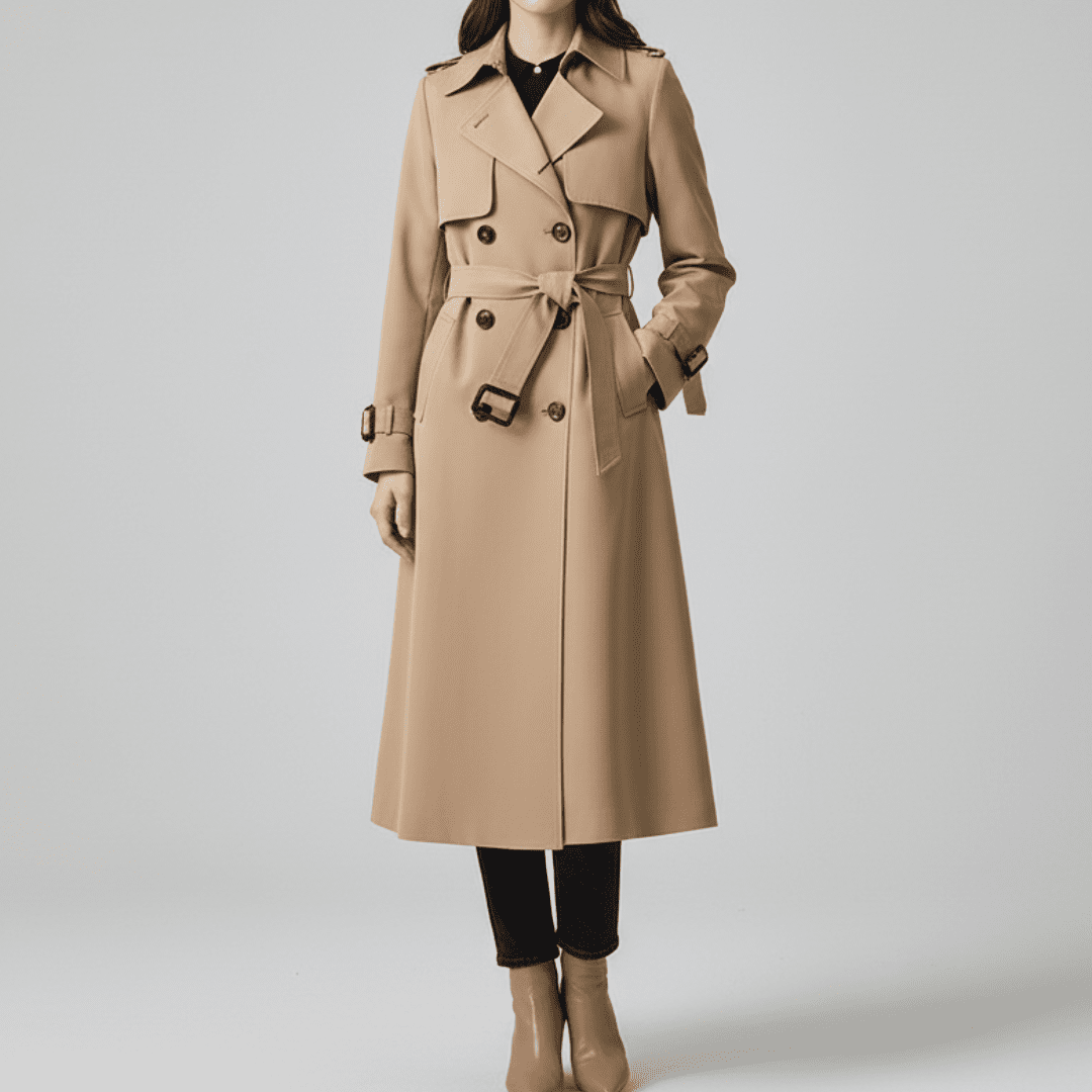 Elegant Womens Trench Coat With Double Button Front Placket - Nalani - UK Fashion Clothing and Decor