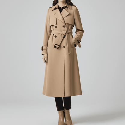 Elegant Womens Trench Coat With Double Button Front Placket - Nalani - UK Fashion Clothing and Decor