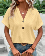 Elizay | Women's Short Sleeve V-Neck Summer Top with Buttons | Casual - Nalani - Fashion Clothing and Decor
