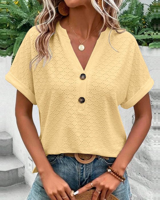 Elizay | Women's Short Sleeve V-Neck Summer Top with Buttons | Casual - Nalani - Fashion Clothing and Decor