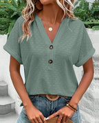Elizay | Women's Short Sleeve V-Neck Summer Top with Buttons | Casual - Nalani - Fashion Clothing and Decor