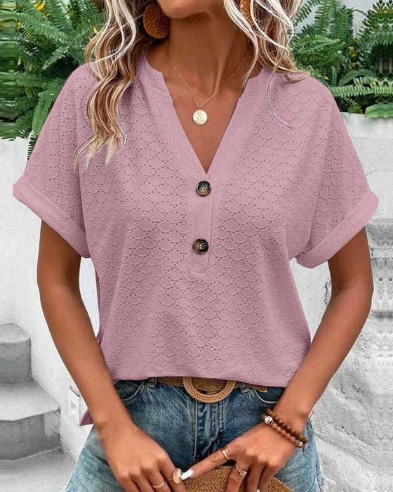 Elizay | Women's Short Sleeve V-Neck Summer Top with Buttons | Casual - Nalani - Fashion Clothing and Decor