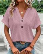 Elizay | Women's Short Sleeve V-Neck Summer Top with Buttons | Casual - Nalani - Fashion Clothing and Decor
