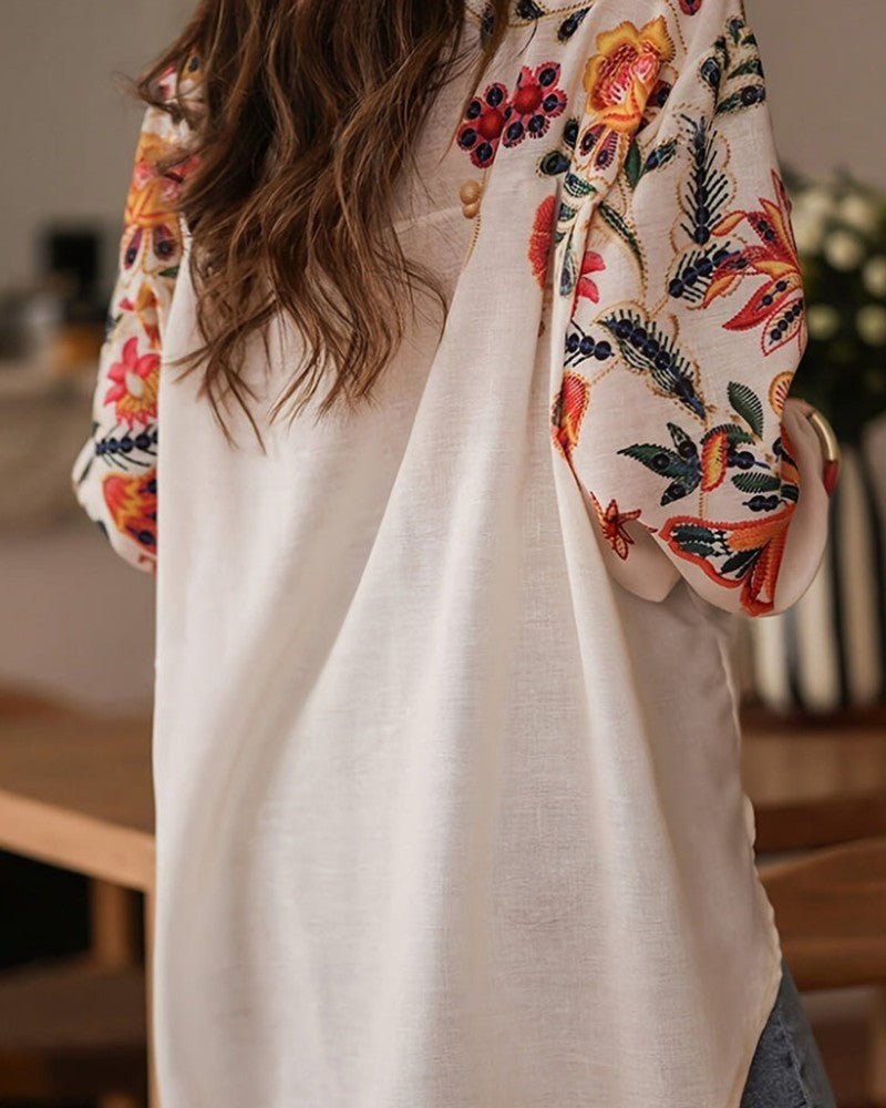 Embroidered Floral Relaxed Linen Shirt With Multicolor Embroidery - Nalani - Fashion Clothing and Decor