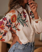Embroidered Floral Relaxed Linen Shirt With Multicolor Embroidery - Nalani - Fashion Clothing and Decor