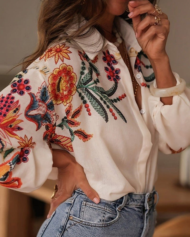 Embroidered Floral Relaxed Linen Shirt With Multicolor Embroidery - Nalani - Fashion Clothing and Decor