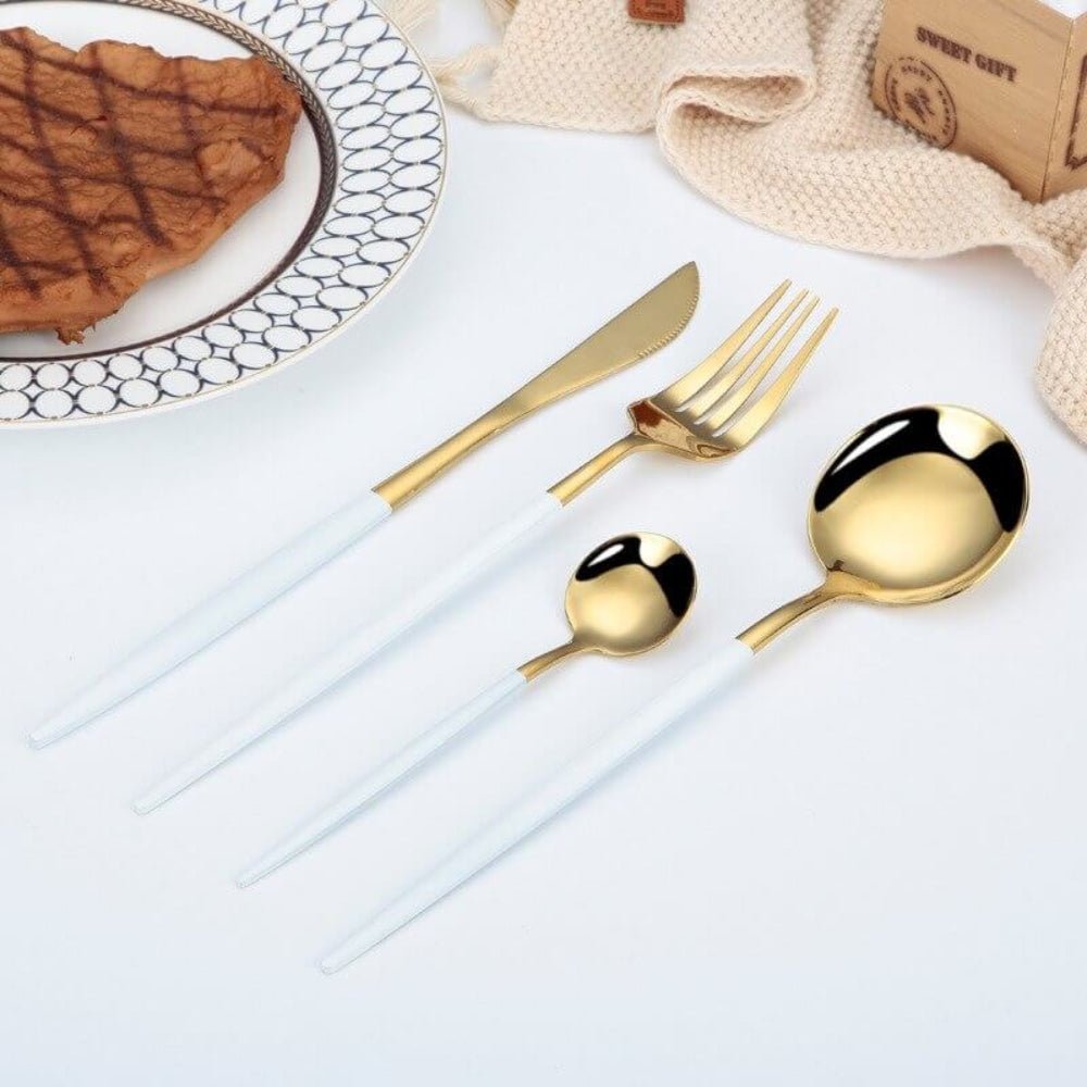 Everyday Gold Flatware Set With Matte White Handles - Nalani - UK Fashion Clothing and Decor