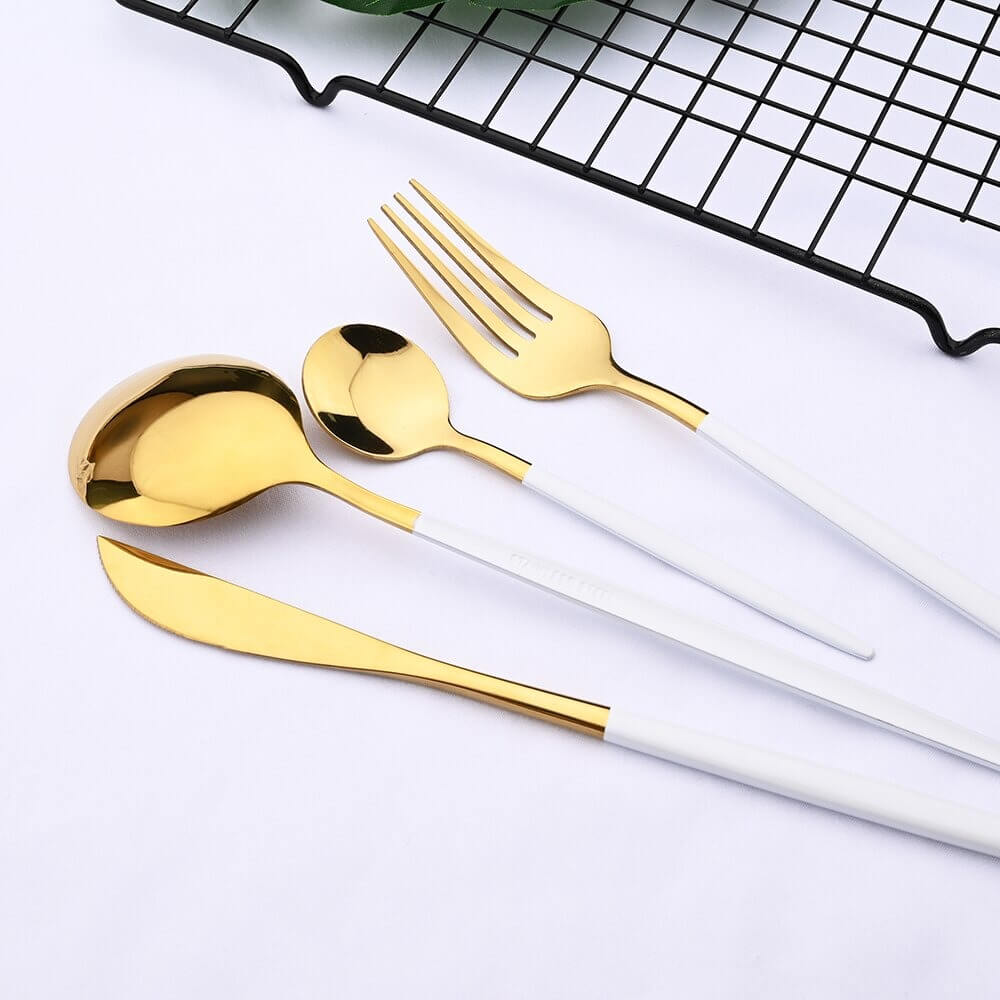 Everyday Gold Flatware Set With Matte White Handles - Nalani - UK Fashion Clothing and Decor