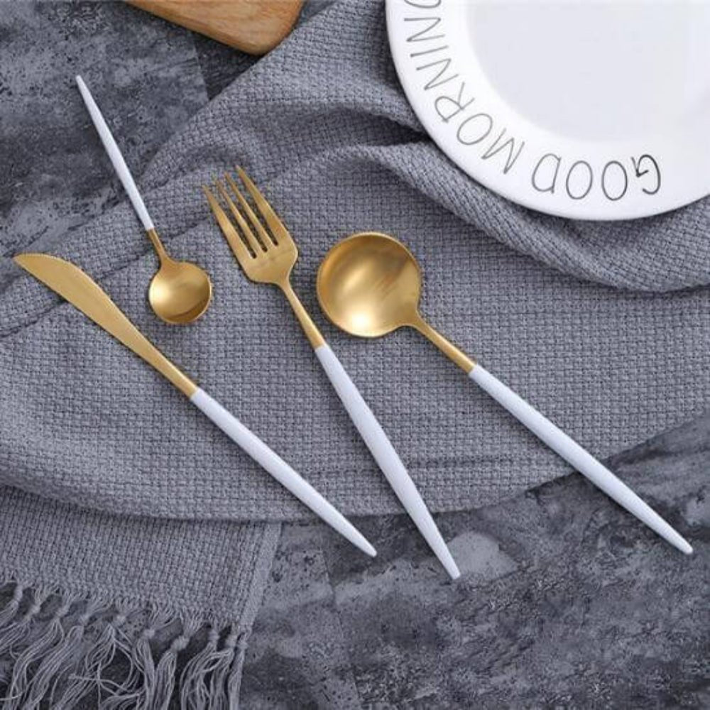 Everyday Gold Flatware Set With Matte White Handles - Nalani - UK Fashion Clothing and Decor