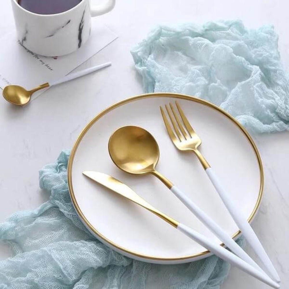 Everyday Gold Flatware Set With Matte White Handles - Nalani - UK Fashion Clothing and Decor