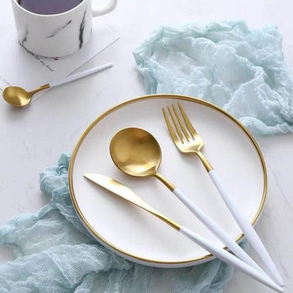 Everyday Gold Flatware Set With Matte White Handles - Nalani - UK Fashion Clothing and Decor