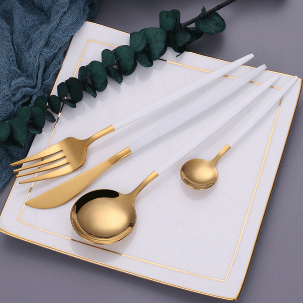 Everyday Gold Flatware Set With Matte White Handles - Nalani - UK Fashion Clothing and Decor