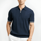 Fine Knit Quarter Zip Polo Shirt Vertical Stripe Short Sleeve - Nalani - UK Fashion Clothing and Decor
