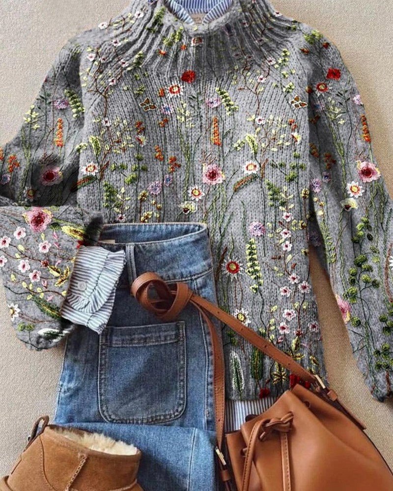 Floral Embroidered Knit Pullover Sweater Soft Midweight Knit - Nalani - Fashion Clothing and Decor