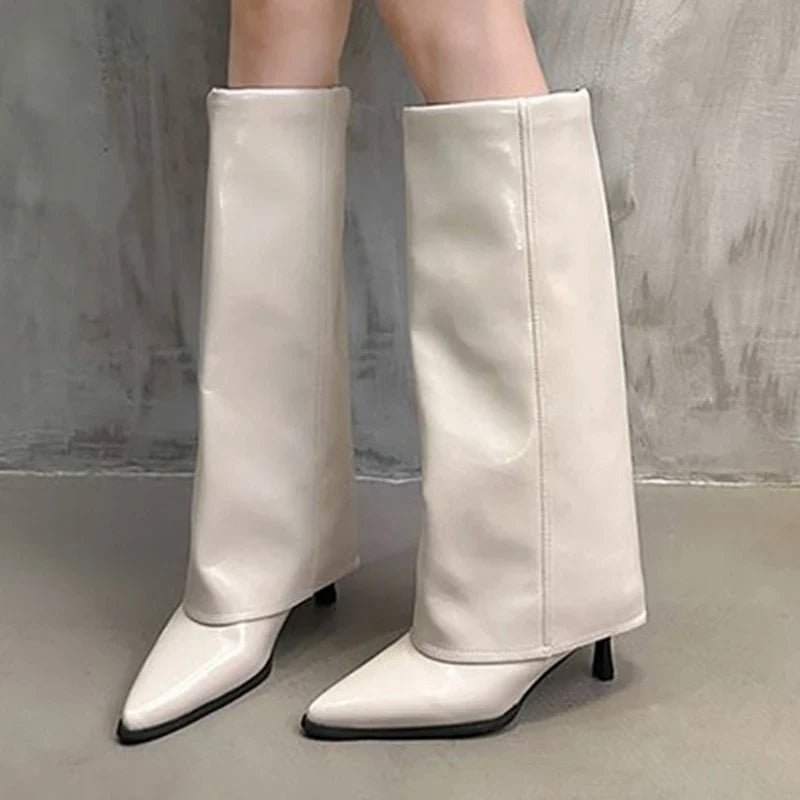 Glossy Black Knee High Boots With Pointed Toe Stiletto Heel For Women - Nalani - UK Fashion Clothing and Decor