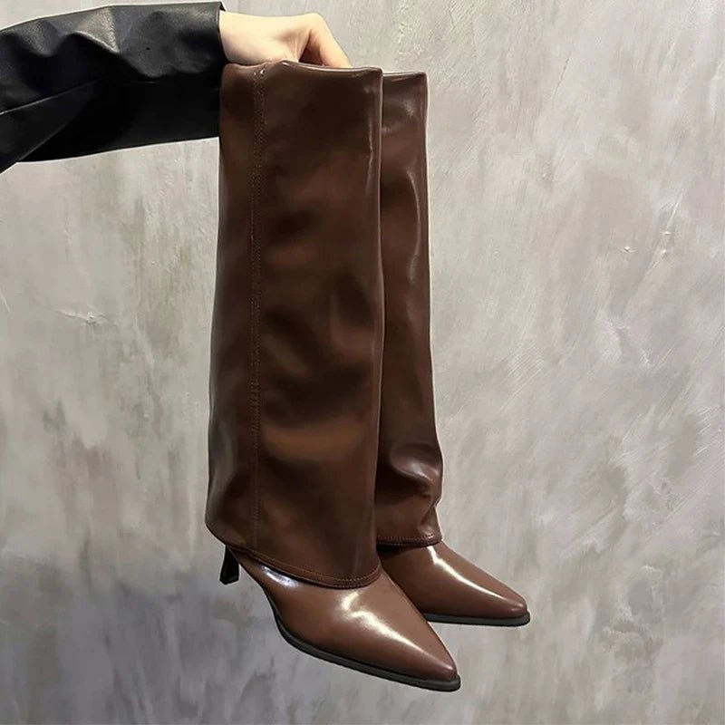 Glossy Black Knee High Boots With Pointed Toe Stiletto Heel For Women - Nalani - UK Fashion Clothing and Decor