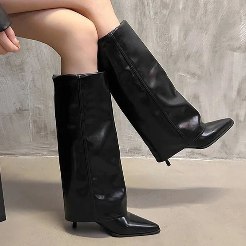Glossy Black Knee High Boots With Pointed Toe Stiletto Heel For Women - Nalani - UK Fashion Clothing and Decor