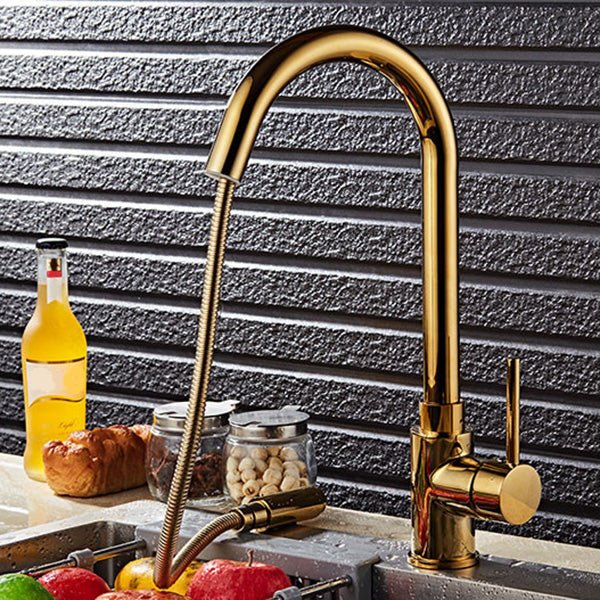 Gold Finish Single Hole Kitchen Faucet With Pull Sprayer - Nalani - UK Fashion Clothing and Decor