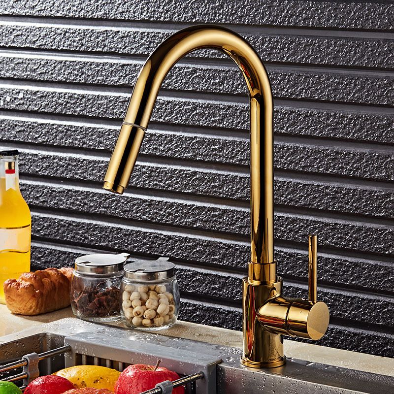Gold Finish Single Hole Kitchen Faucet With Pull Sprayer - Nalani - UK Fashion Clothing and Decor