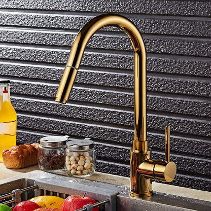 Gold Finish Single Hole Kitchen Faucet With Pull Sprayer - Nalani - UK Fashion Clothing and Decor