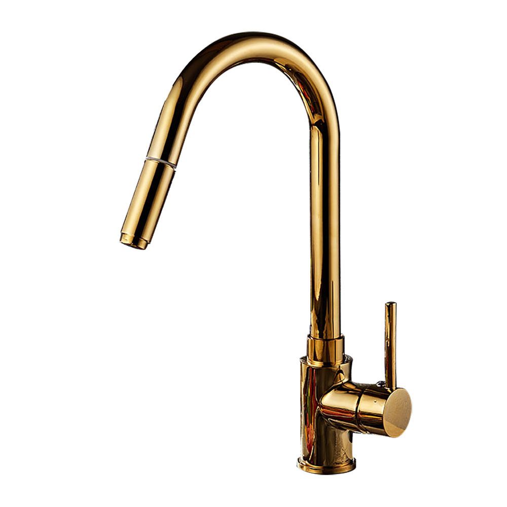 Gold Finish Single Hole Kitchen Faucet With Pull Sprayer - Nalani - UK Fashion Clothing and Decor