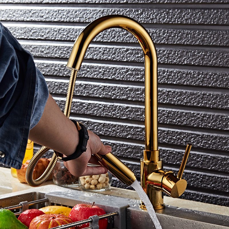 Gold Finish Single Hole Kitchen Faucet With Pull Sprayer - Nalani - UK Fashion Clothing and Decor