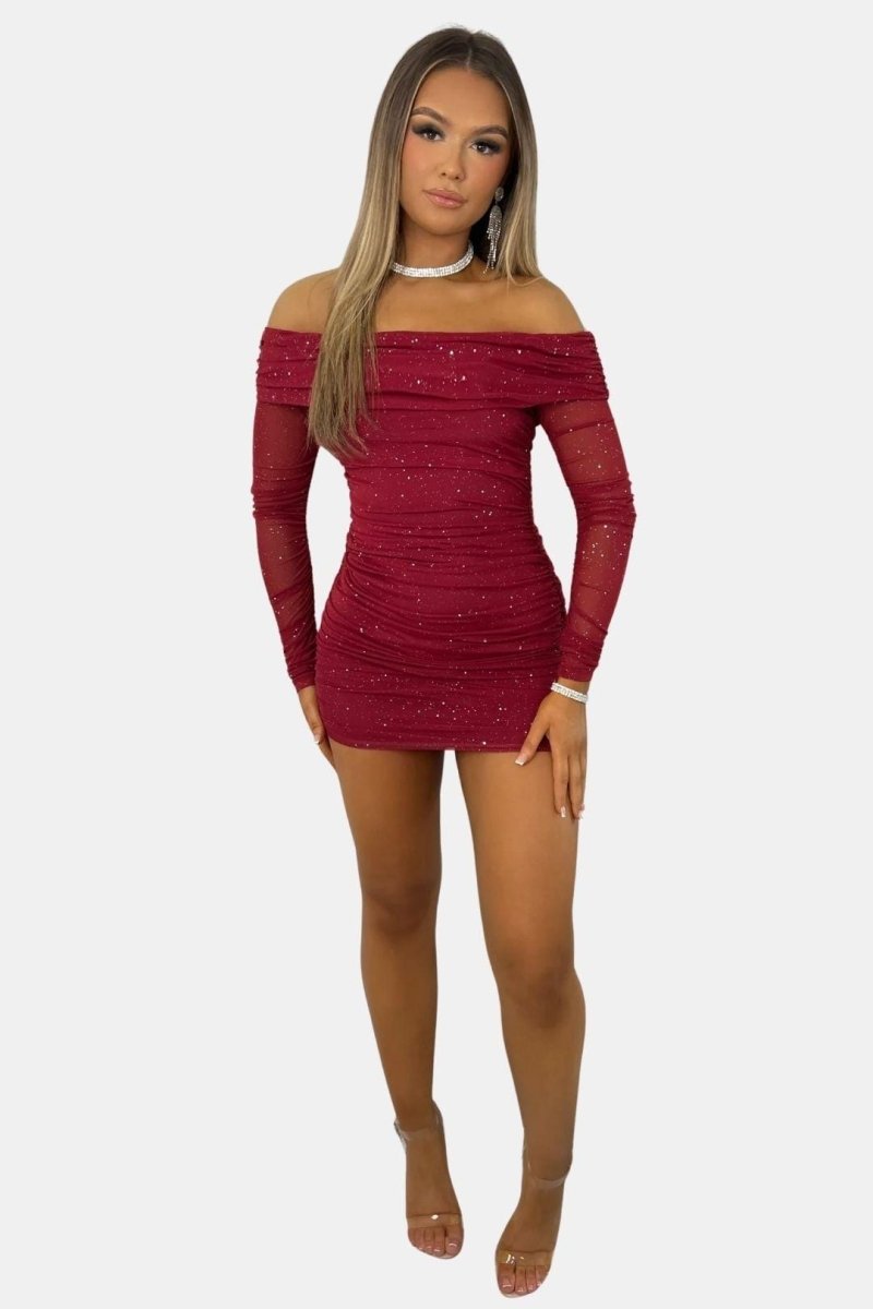 Grace – Sparkle Off-Shoulder Mesh Mini Dress Glitter Party Dress - Nalani - Fashion Clothing and Decor